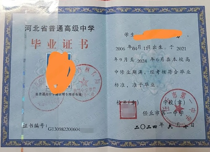 灵璧任丘市第一中学高中毕业证样本图片